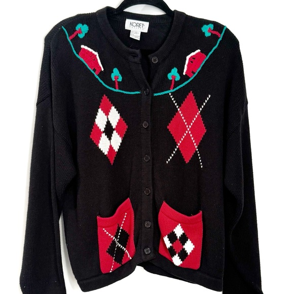 Vintage 90s Koret Black & Red Cardigan Womens Petites Large Sweater NWT - Picture 1 of 11